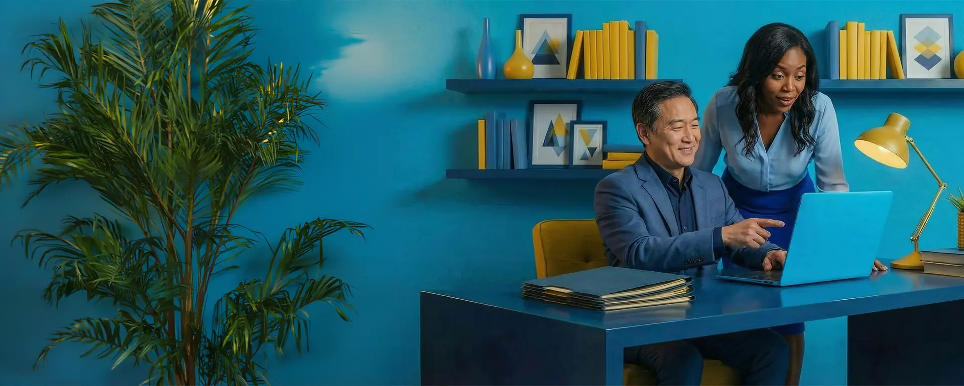 Smiling man and woman viewing laptop screen.